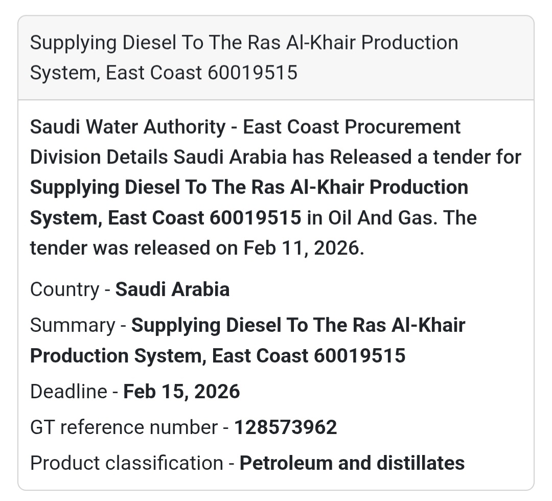 ⛽ Diesel Supply – Ras Al-Khair Production System (East Coast 60019515)