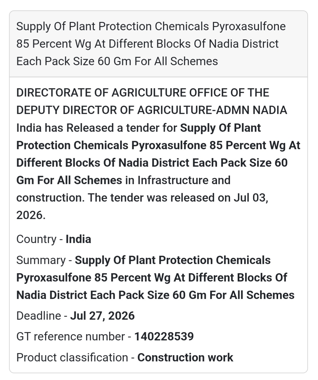 🌾 Directorate of Agriculture Tender – Nadia, West Bengal