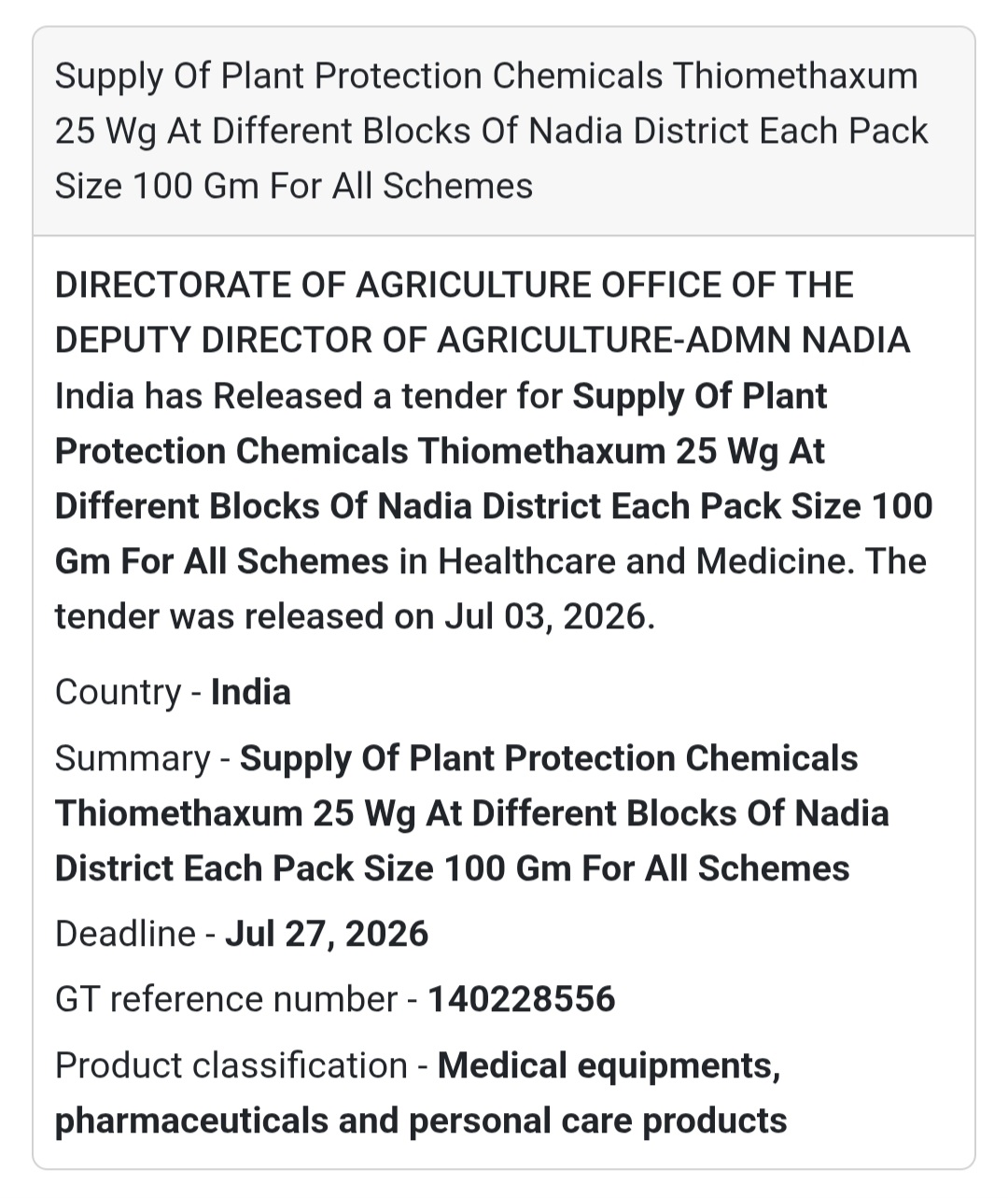 🌾 Directorate of Agriculture Tender – Nadia, West Bengal