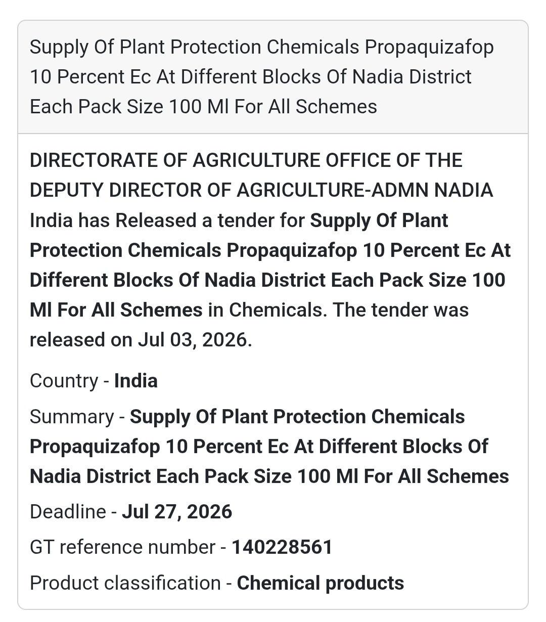 🌾 Directorate of Agriculture Tender – Nadia, West Bengal