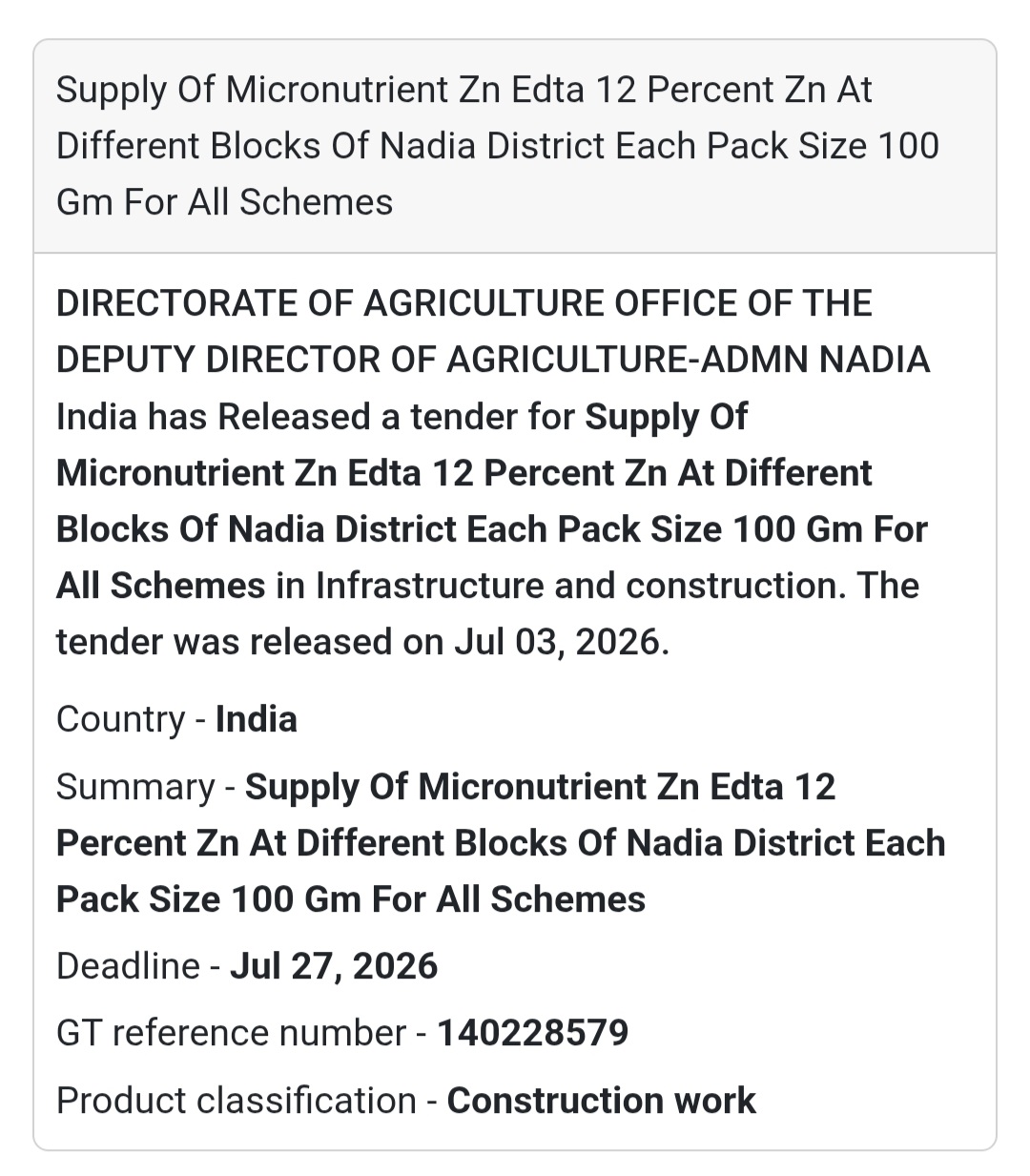 🌾 Directorate of Agriculture Tender – Nadia, West Bengal