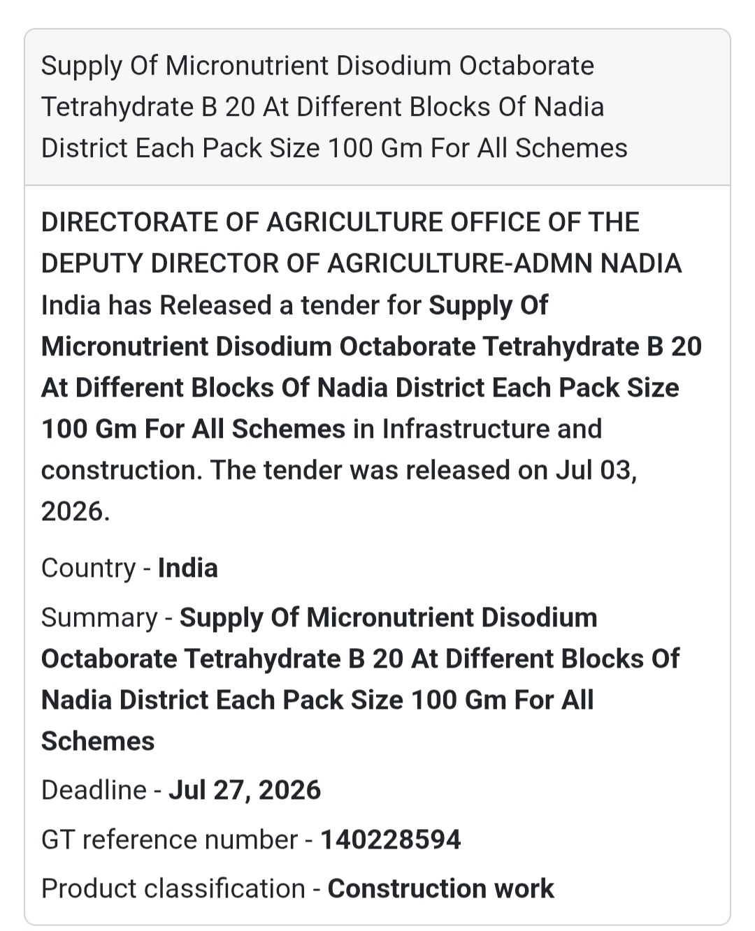 🌾 Directorate of Agriculture Tender – Nadia, West Bengal