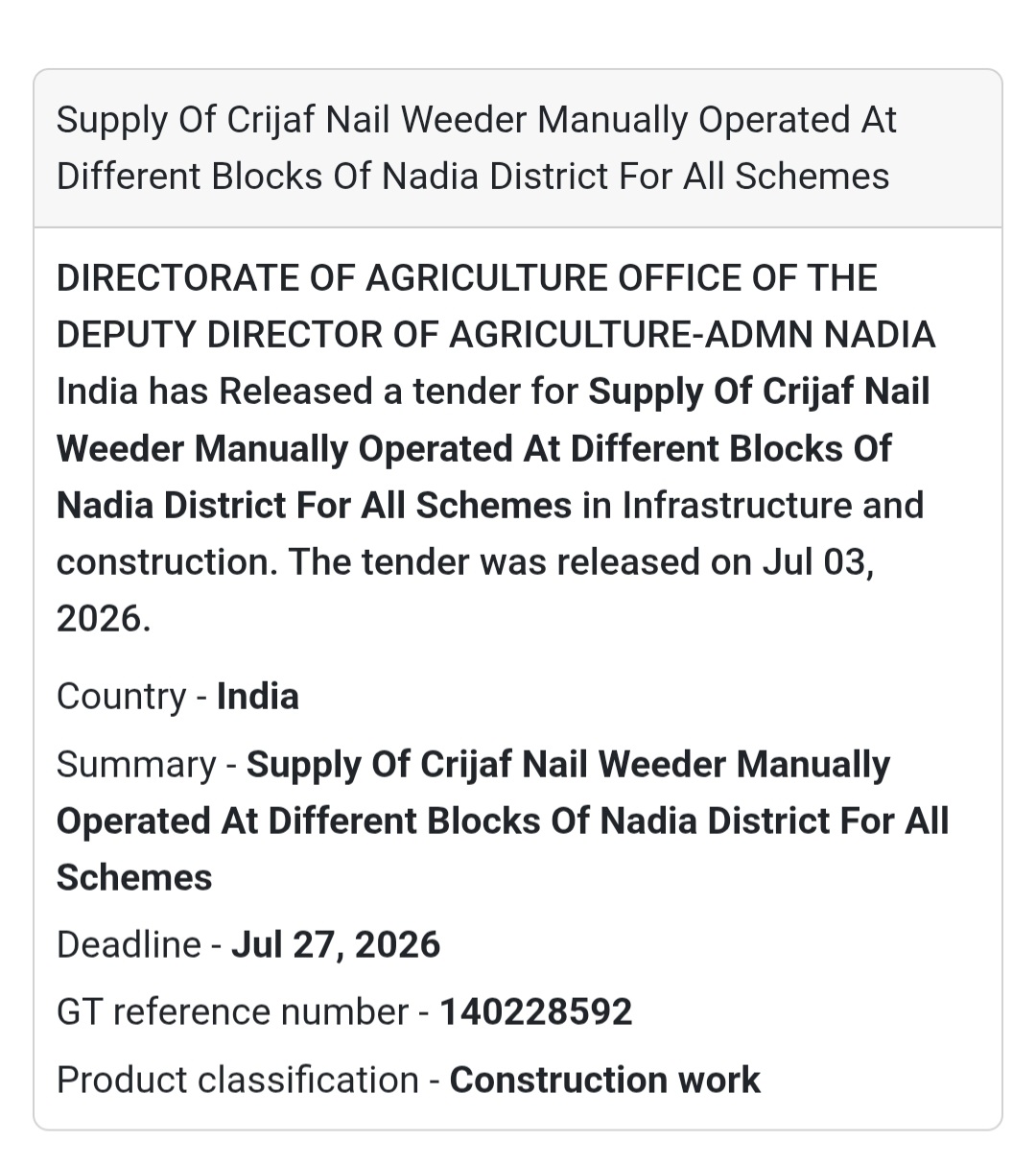 🌾 Directorate of Agriculture Tender – Nadia, West Bengal