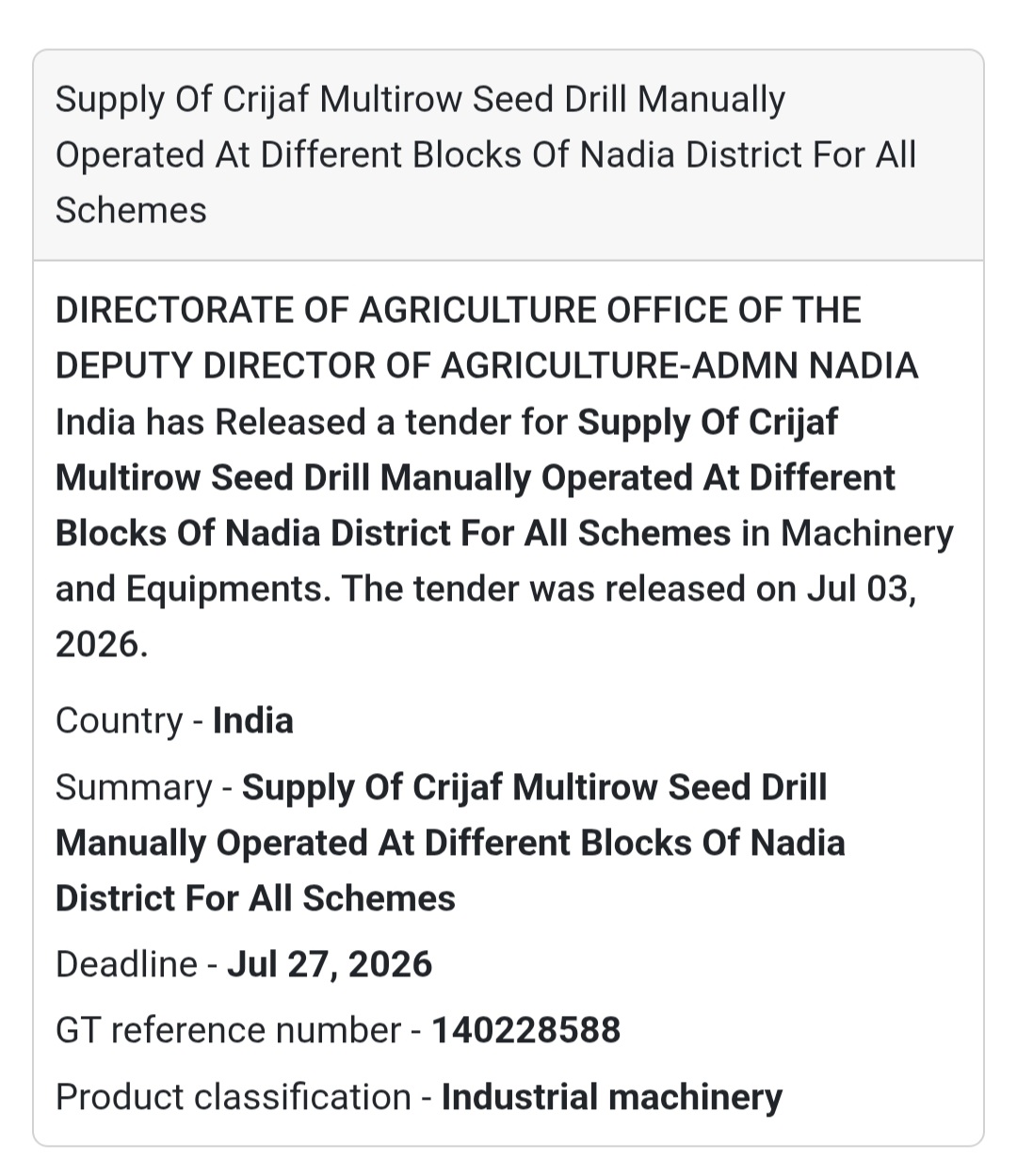 🌾 Directorate of Agriculture Tender – Nadia, West Bengal