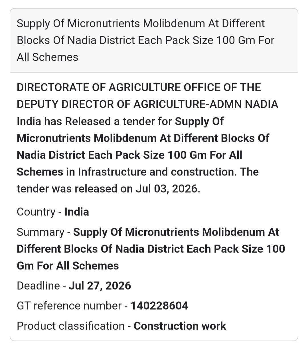 🌾 Directorate of Agriculture Tender – Nadia, West Bengal