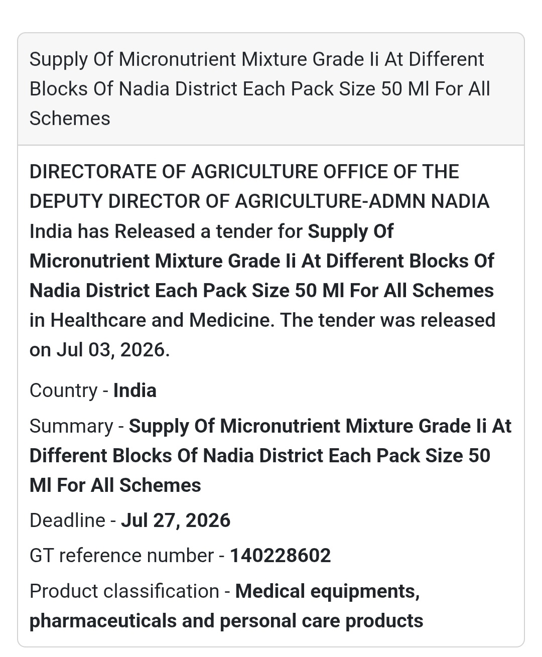 🌾 Directorate of Agriculture Tender – Nadia, West Bengal