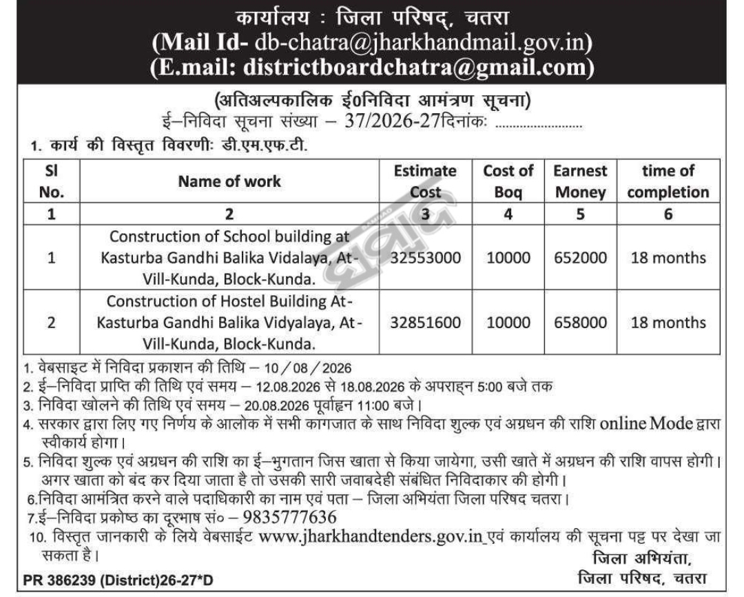 📢 District Board, Chatra (Jharkhand) – e-Tender Notice