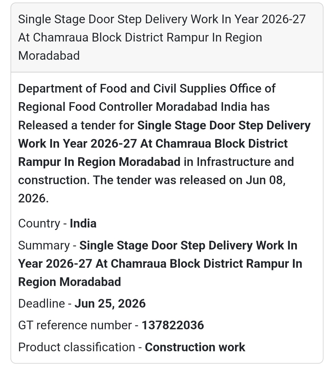 🚚 Doorstep Delivery Tender | Chamraua Block 📍Rampur, Uttar Pradesh