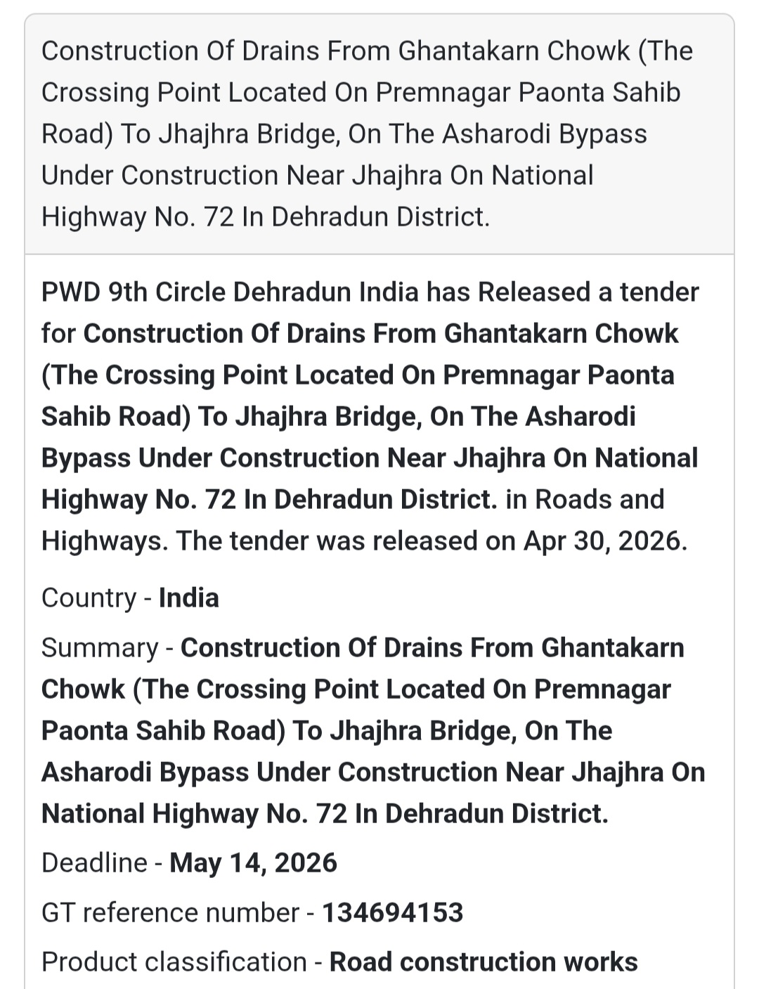 🛣️ Drain Construction – Dehradun (NH-72)