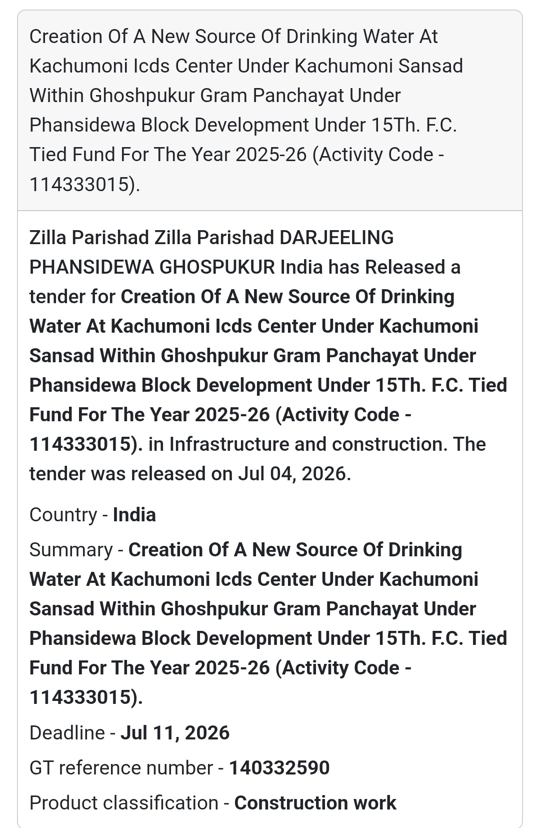 💧 Drinking Water Source Creation Tender | Darjeeling 📍