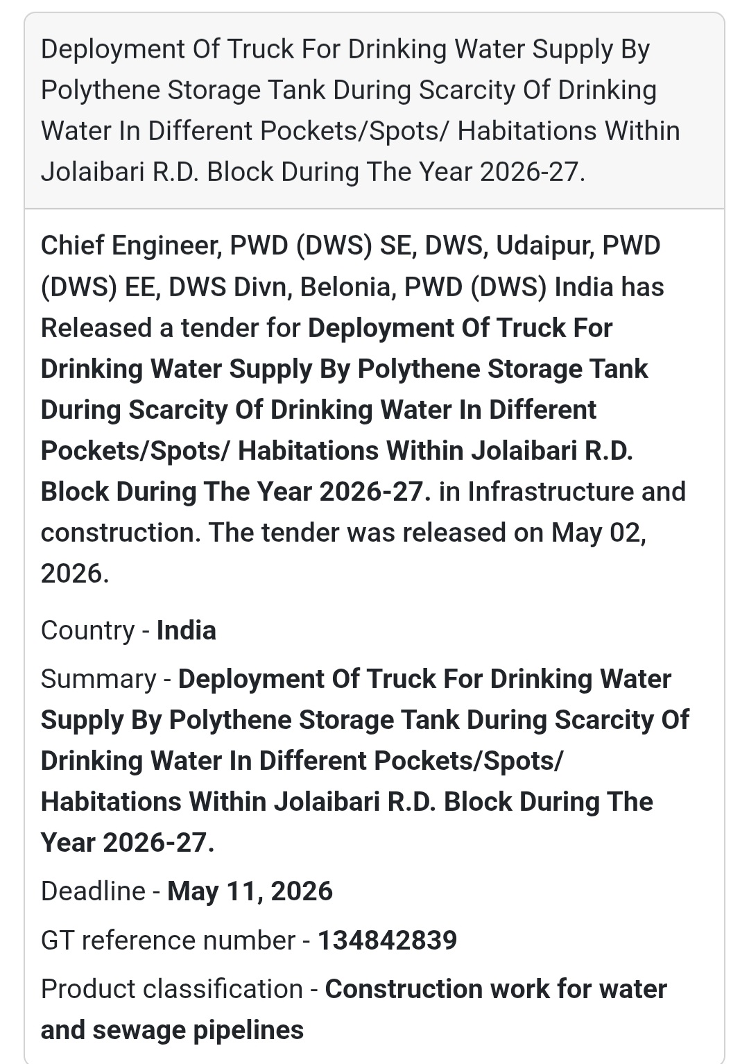 🚰 Drinking Water Supply (Jolaibari)