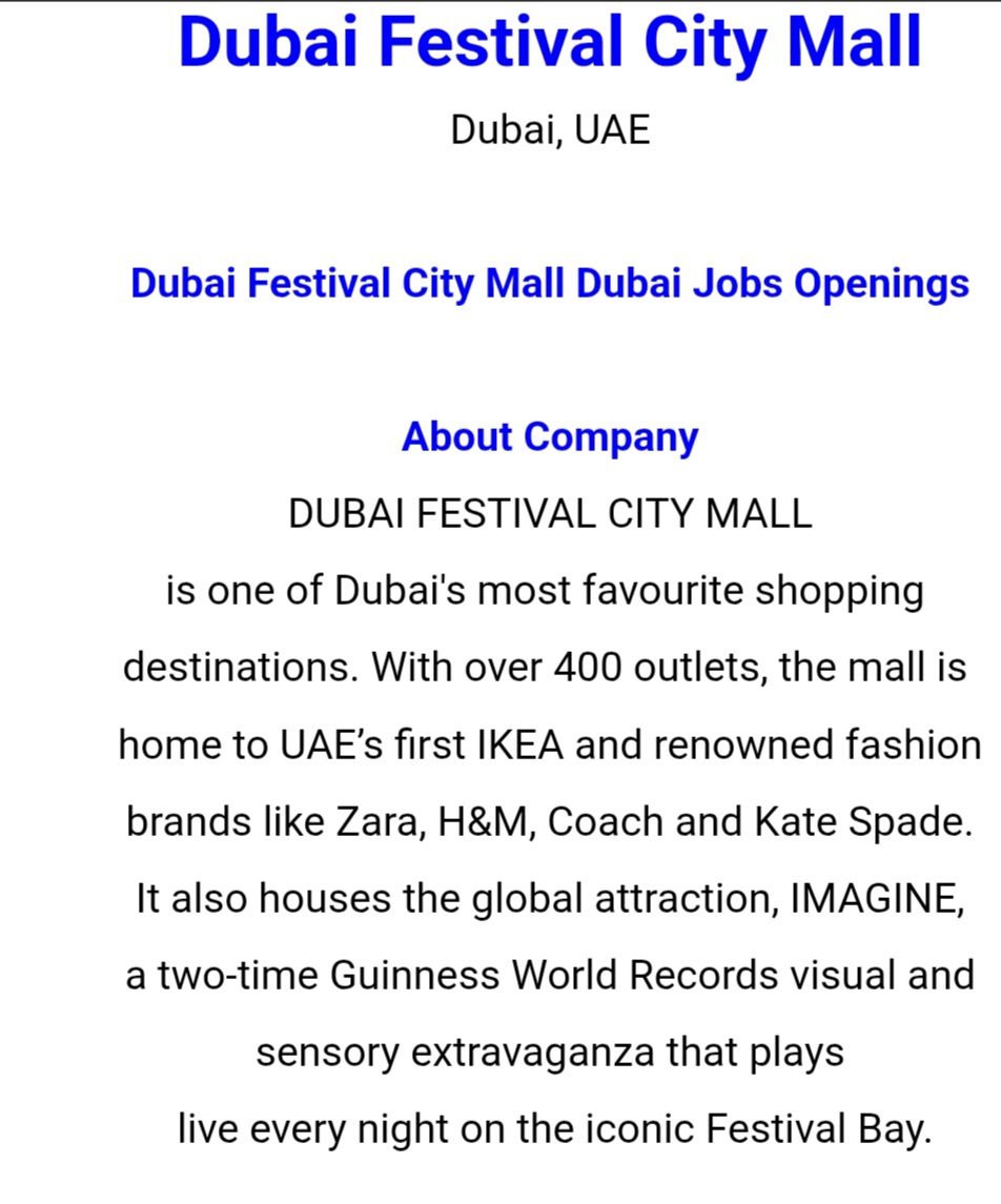 🔥 Dubai Festival City Mall Hiring 2025!