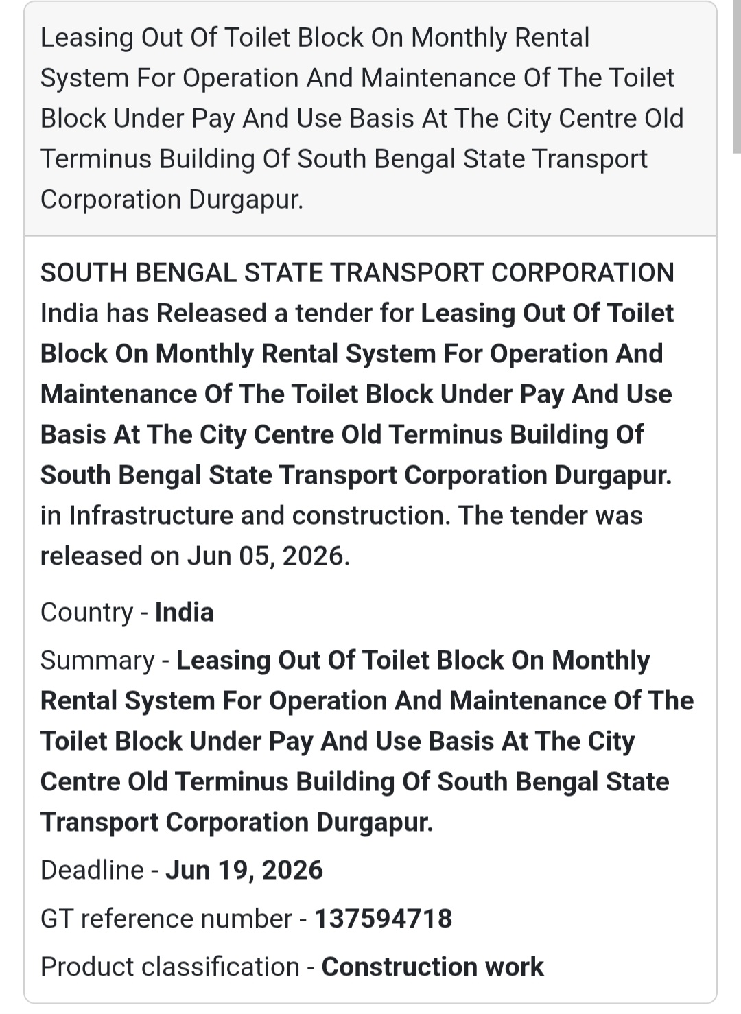 🚻 Durgapur | Toilet Block Leasing & Maintenance Tender