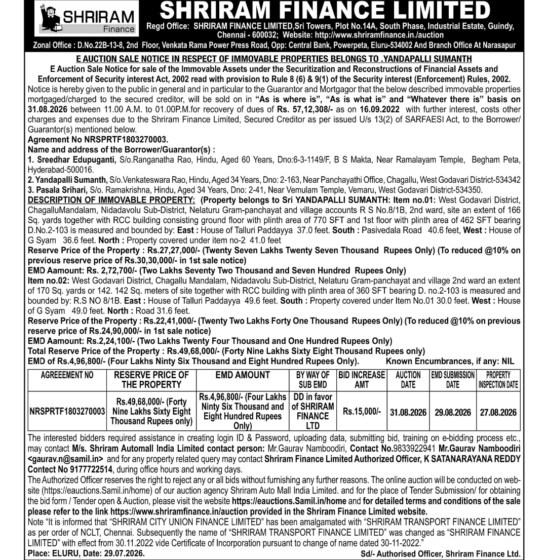 🏦 E-Auction Sale Notice – Chagallu, West Godavari