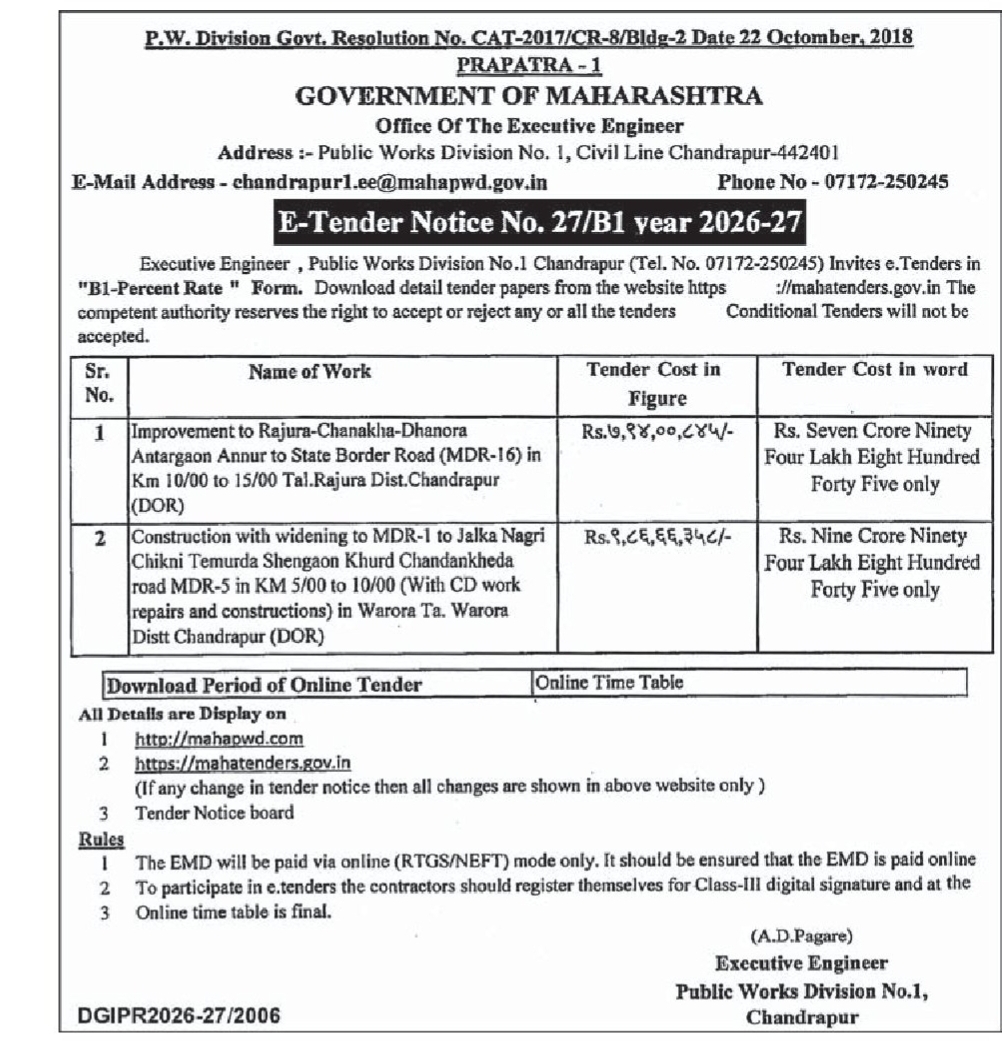 🛣️ E-Tender Notice for Road Improvement Works | Chandrapur, Maharashtra