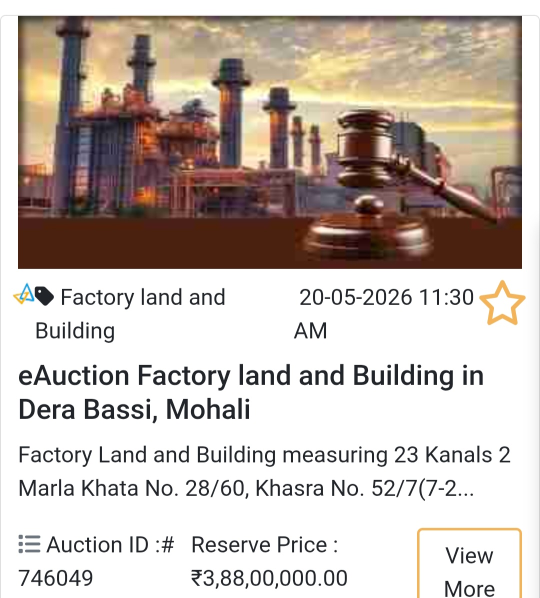🏭 eAuction Factory Land and Building in Dera Bassi, Mohali