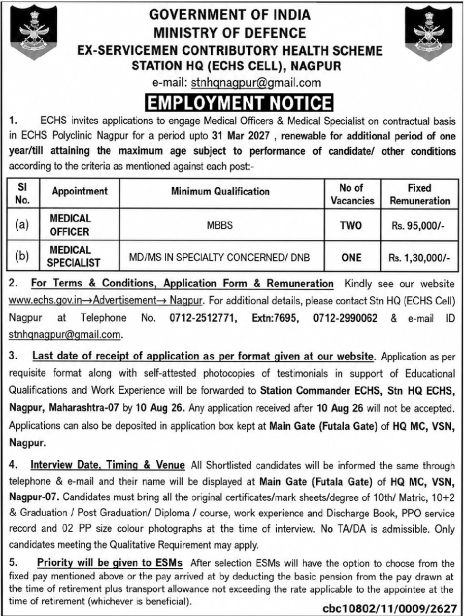 🩺 ECHS Nagpur Recruitment 2026