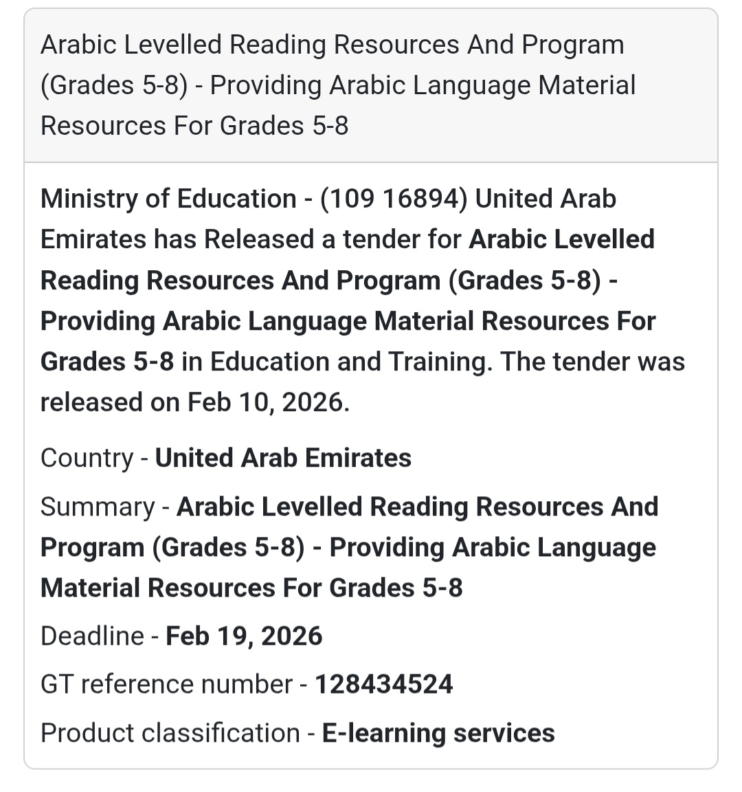 📖 Education Sector Tender | Arabic Levelled Reading (Grades 5–8)
