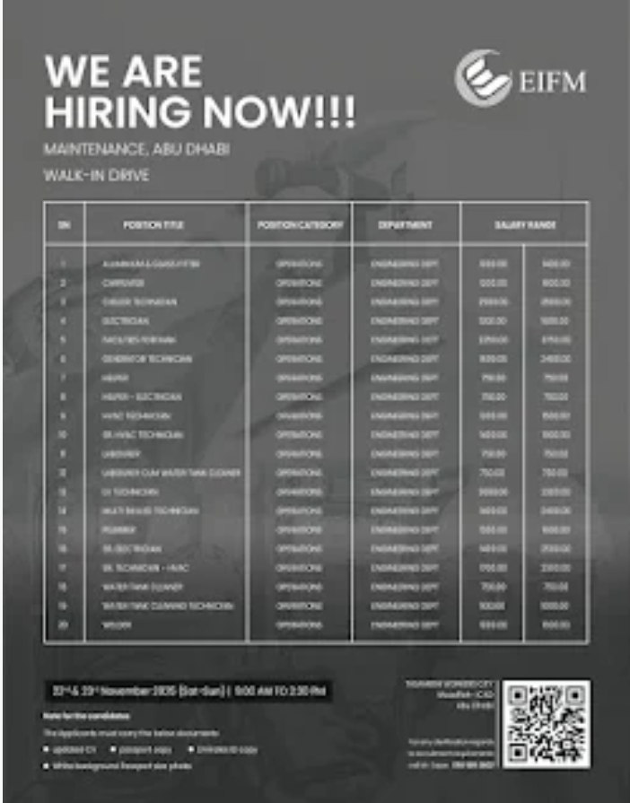 🔧 EJFM Maintenance Jobs – Abu Dhabi