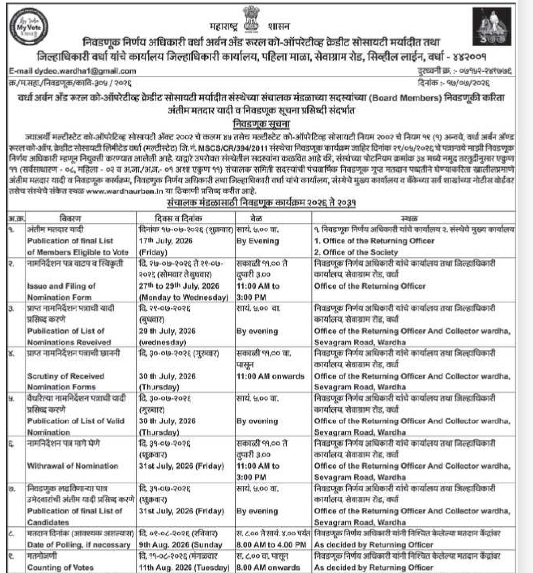 🗳️ Election Notification – Wardha Urban Co-operative Credit Society