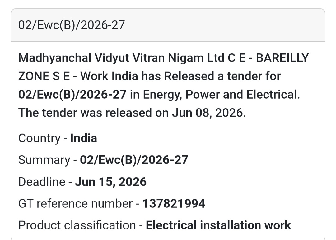 ⚡ Electrical Installation Work Tender | Bareilly Zone, Uttar Pradesh 📍Bareilly, Uttar Pradesh