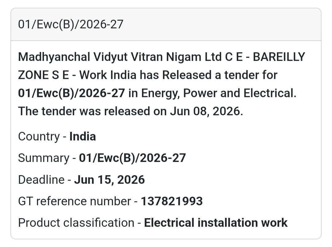 ⚡ Electrical Installation Work Tender | Bareilly Zone, Uttar Pradesh 📍Bareilly, Uttar Pradesh