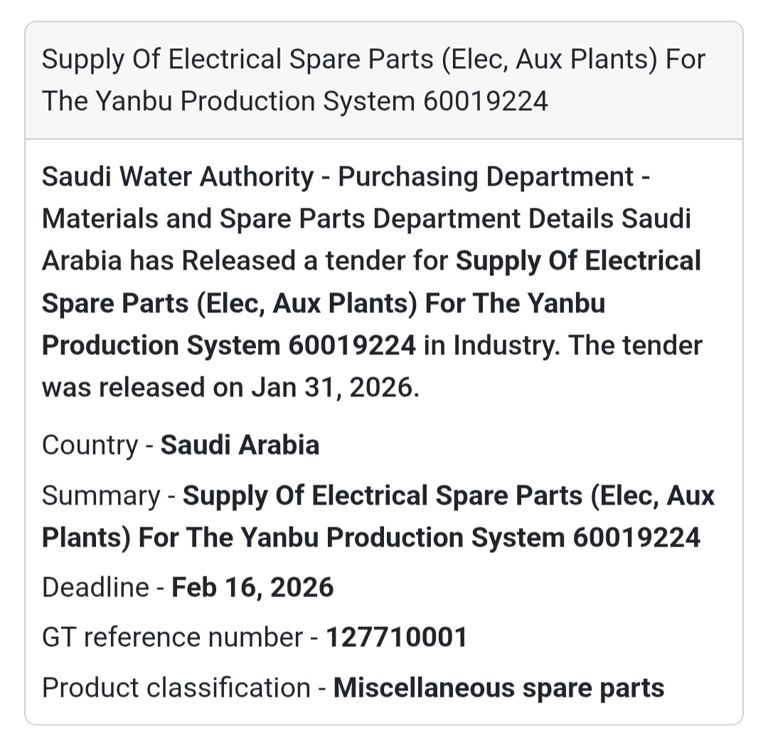 ⚙️ Electrical Spare Parts (Auxiliary Plants) – Yanbu