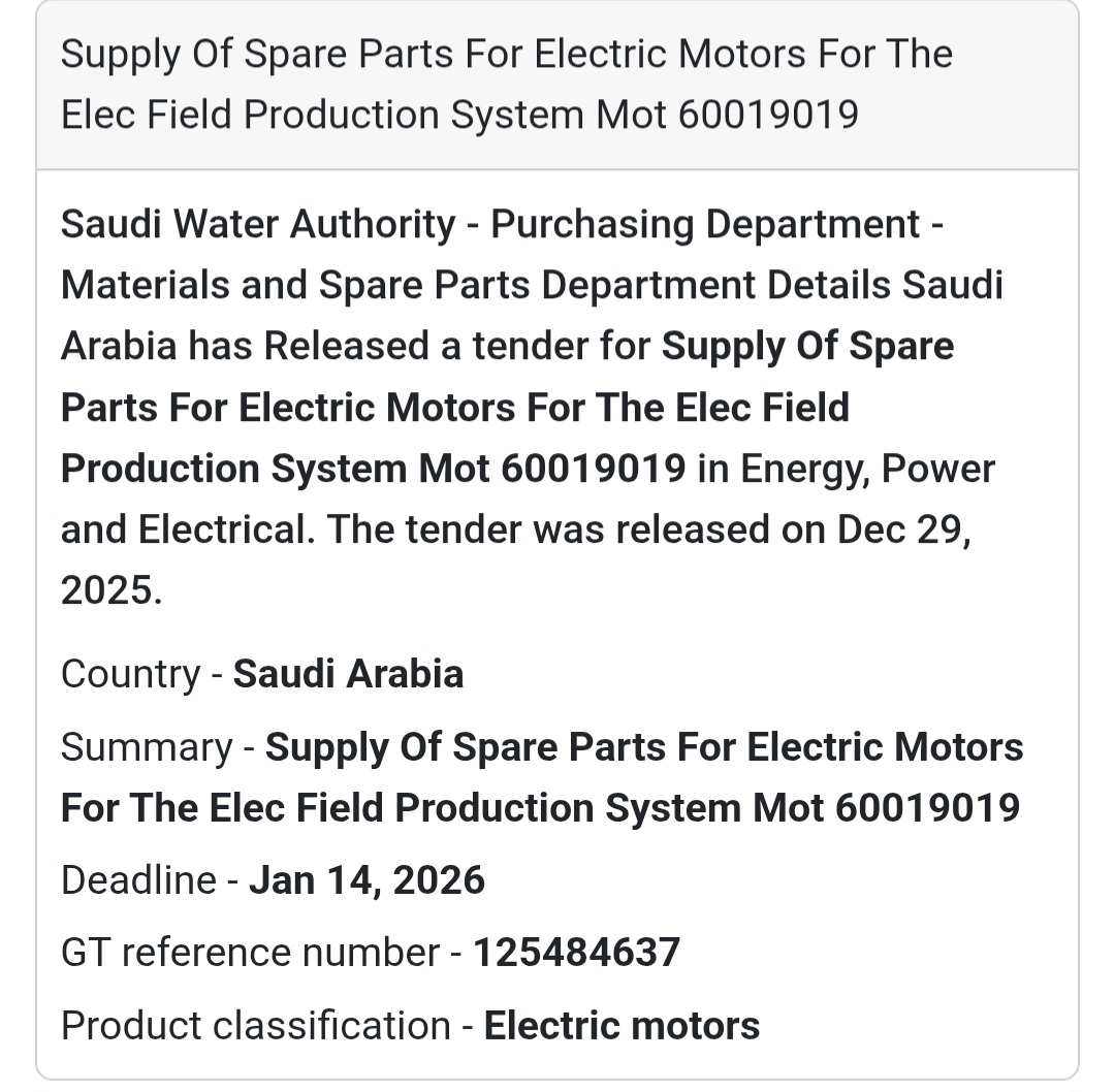 📢 Electrical Spare Parts Tender – Saudi Arabia 🇸🇦