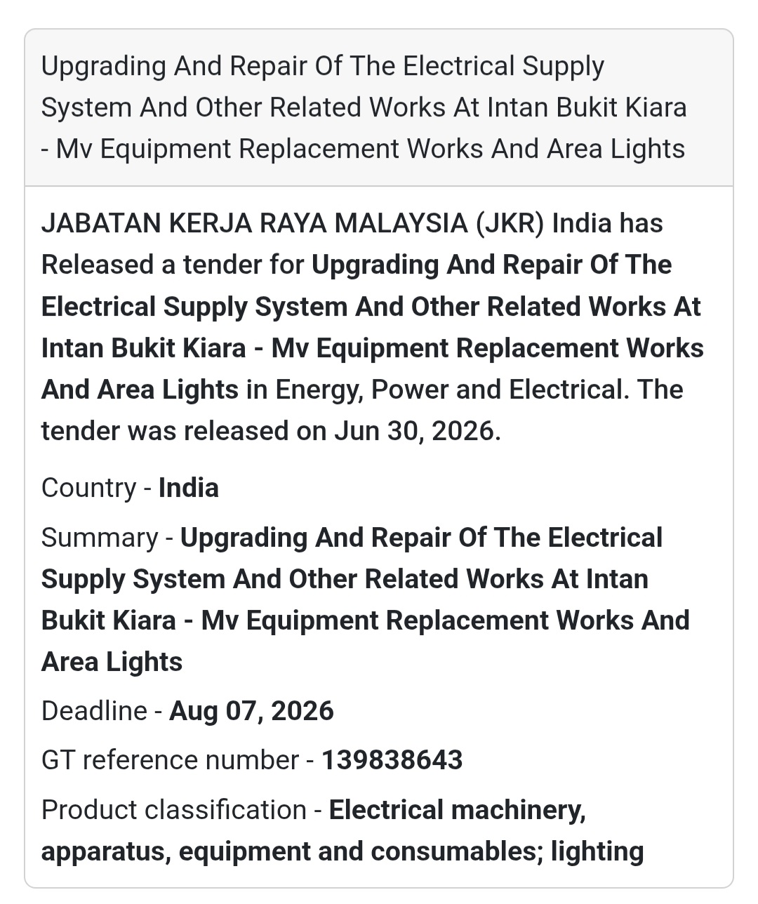 ⚡ Electrical Supply System Upgradation & Repair Tender – Intan Bukit Kiara, Kuala Lumpur, Malaysia