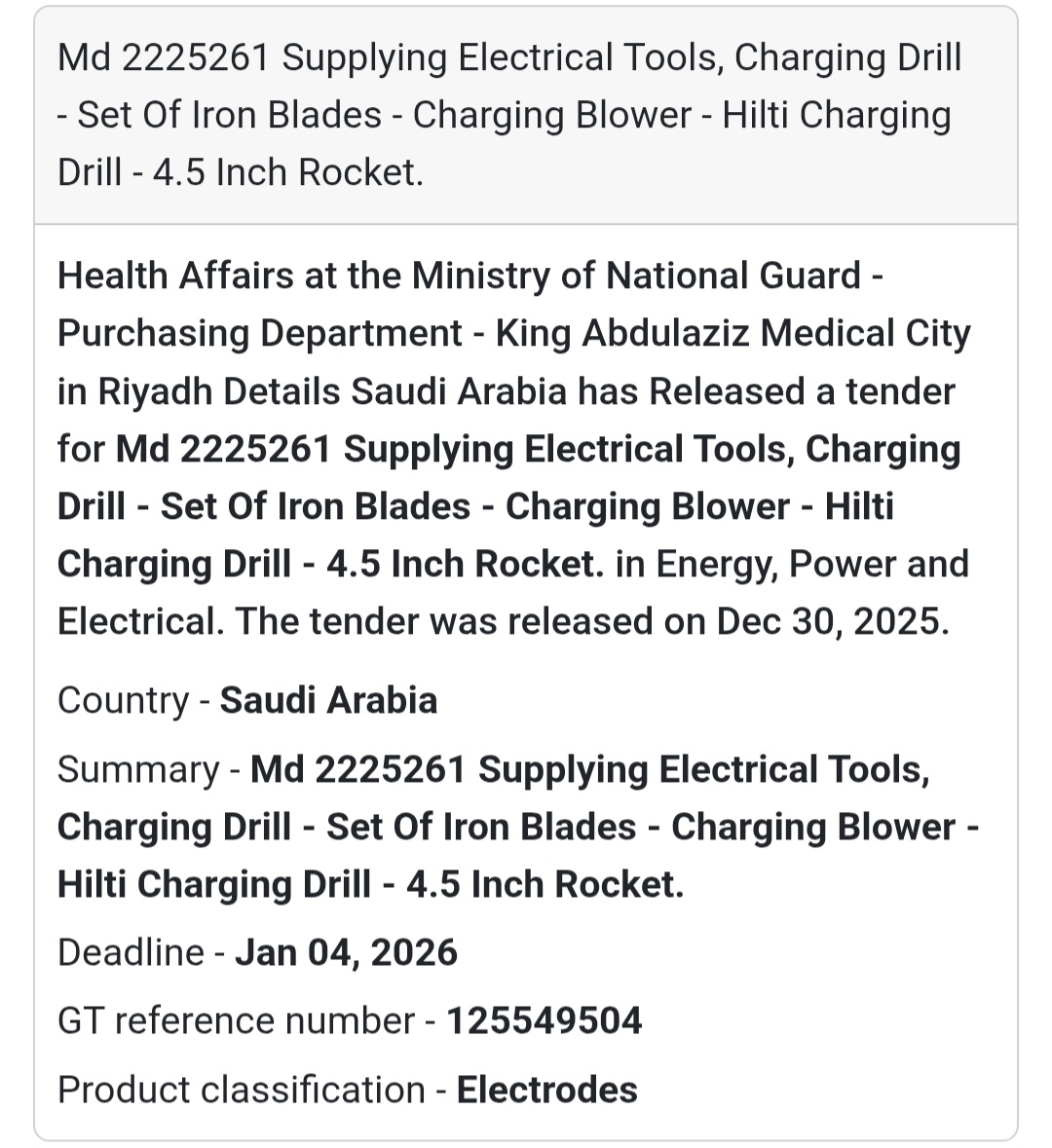 ⚡ Electrical Tools Supply Tender