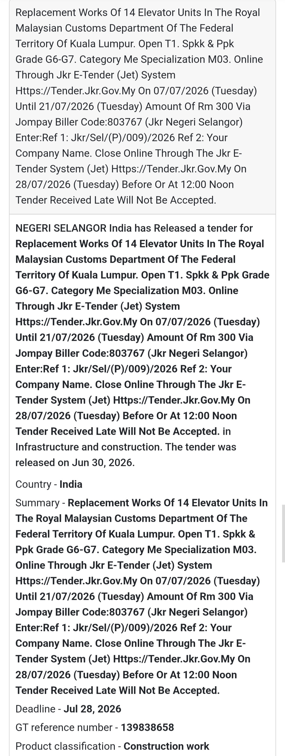 🛗 Elevator Replacement Works Tender – Kuala Lumpur, Malaysia