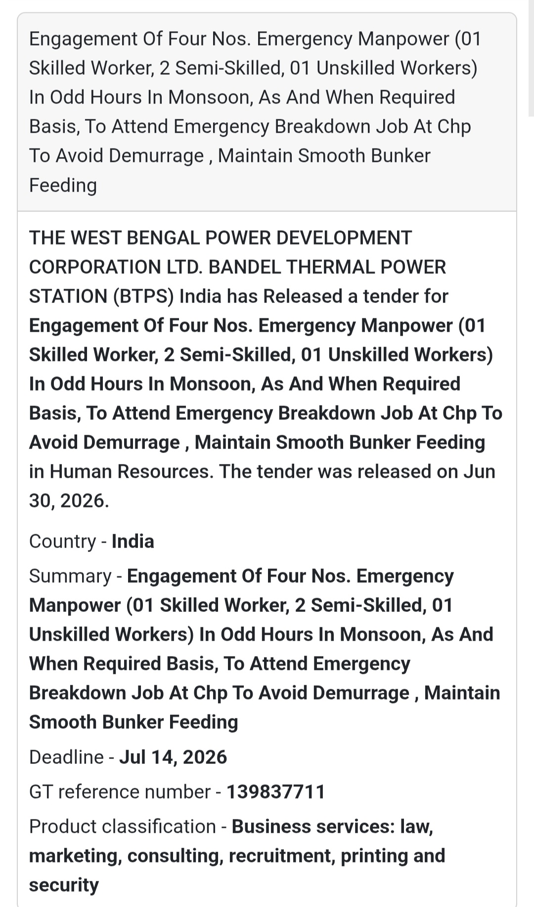 📢 Emergency Manpower Engagement | Bandel Thermal Power Station