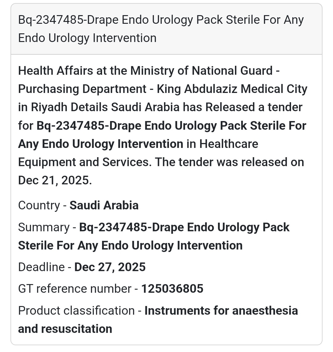 🩺 Endo Urology Pack Tender – Saudi Arabia