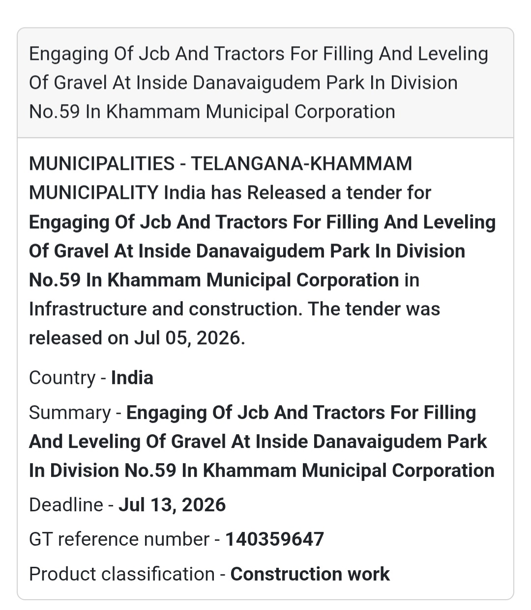 🚜 Engaging JCB & Tractors for Gravel Filling and Leveling – Danavaigudem Park, Division No. 59, Khammam Municipal Corporation 🏞️