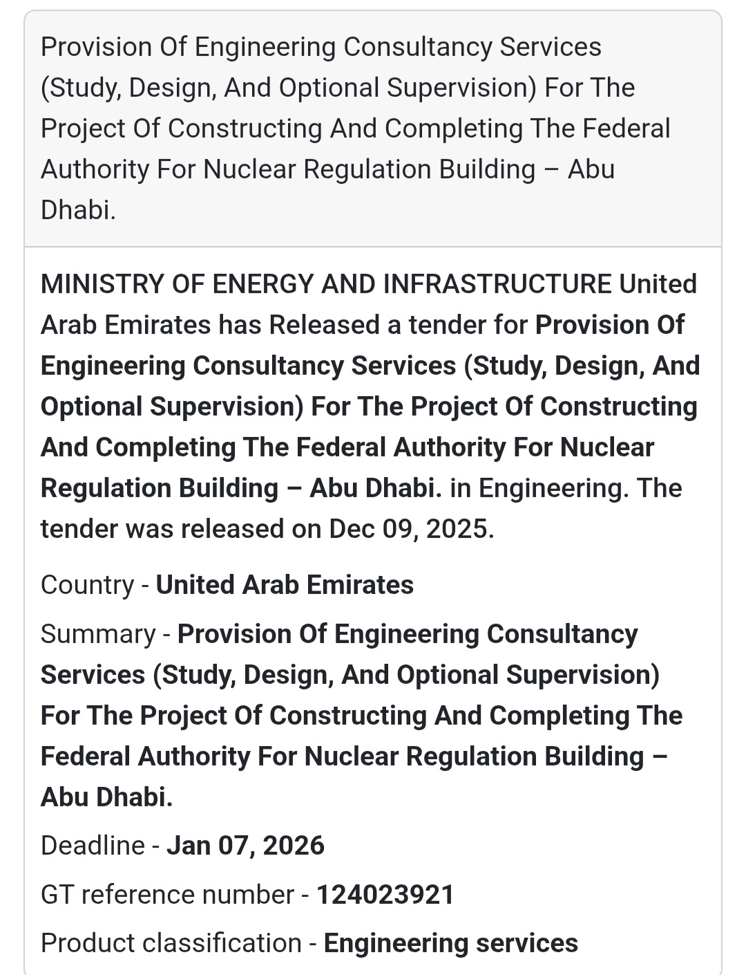 📢 Engineering Consultancy Tender – UAE 🇦🇪