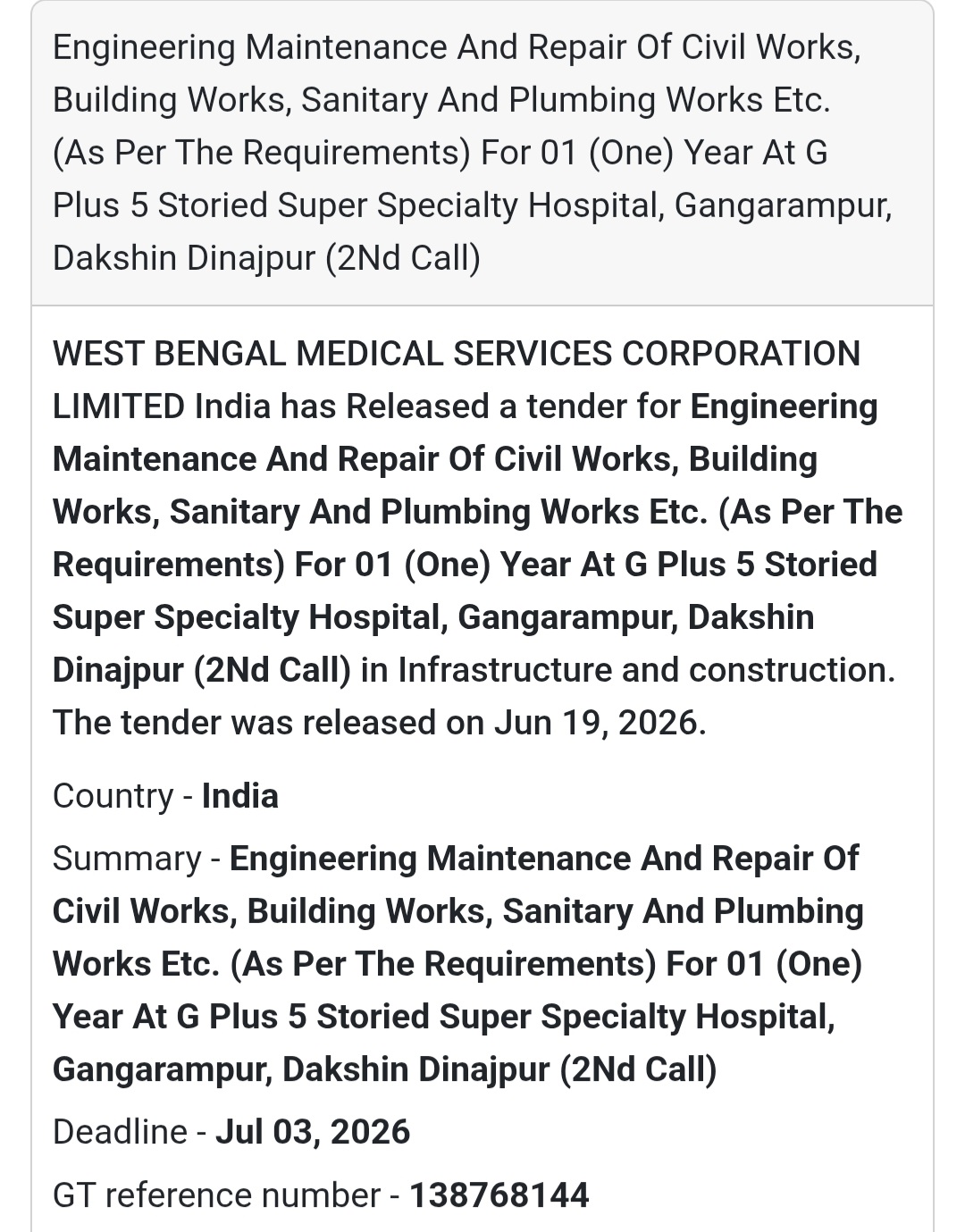 🏥 Engineering Maintenance & Repair Works at Gangarampur Super Speciality Hospital (2nd Call)