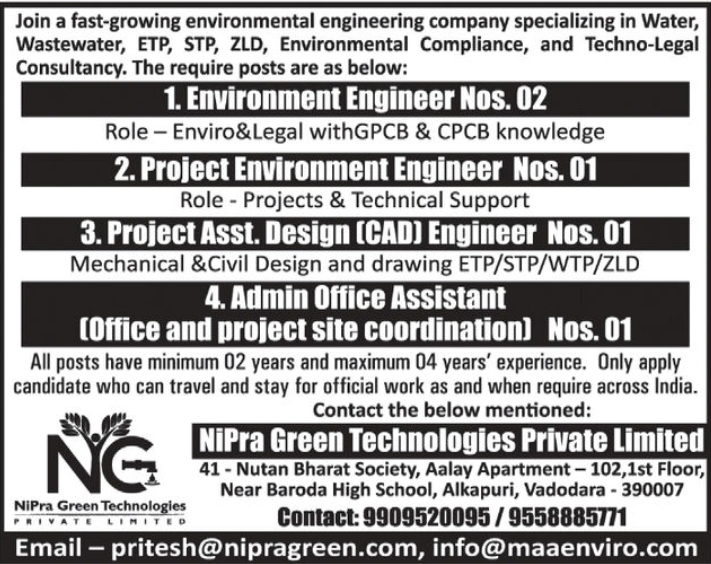🌱 Environment & Engineering Job Openings – NiPra Green Technologies Pvt. Ltd. | Vadodara, Gujarat