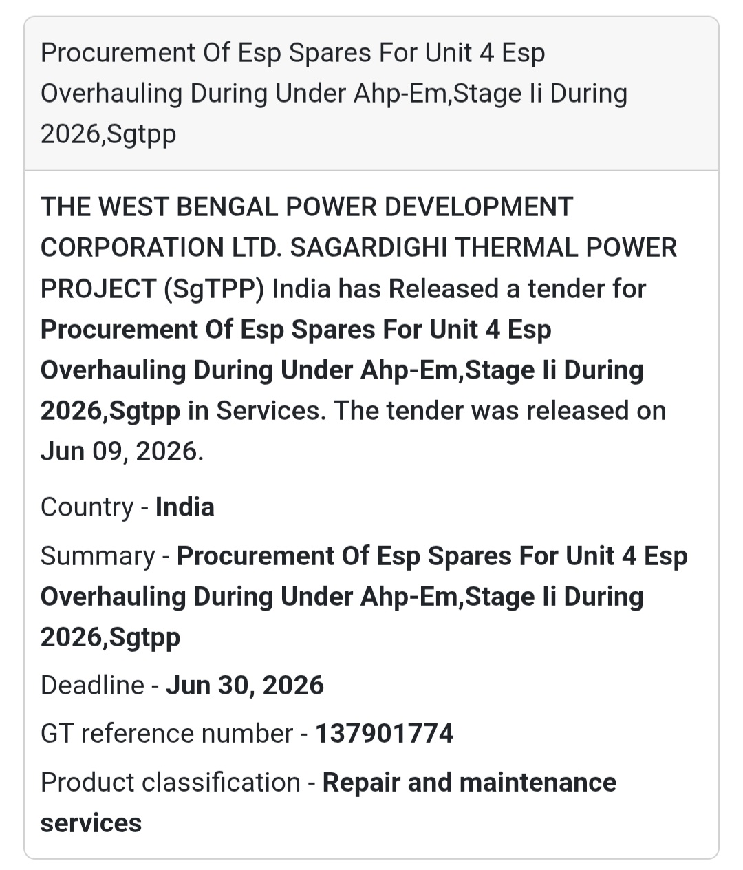 ⚡ ESP Spares Procurement for Thermal Power Plant Overhauling | 📍 Sagardighi, Murshidabad, West Bengal