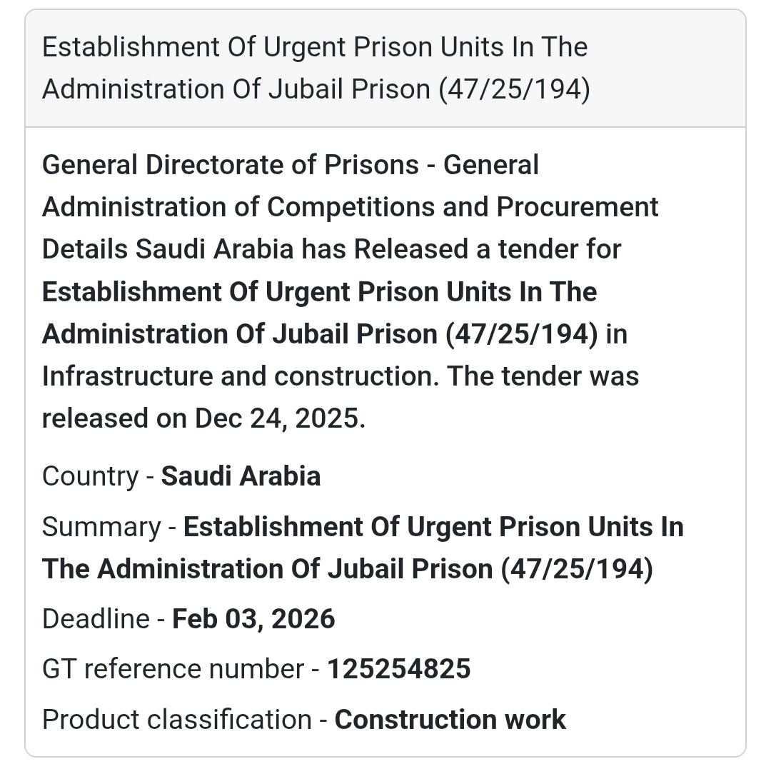 🏢 Establishment of Urgent Prison Units – Jubail 🇸🇦