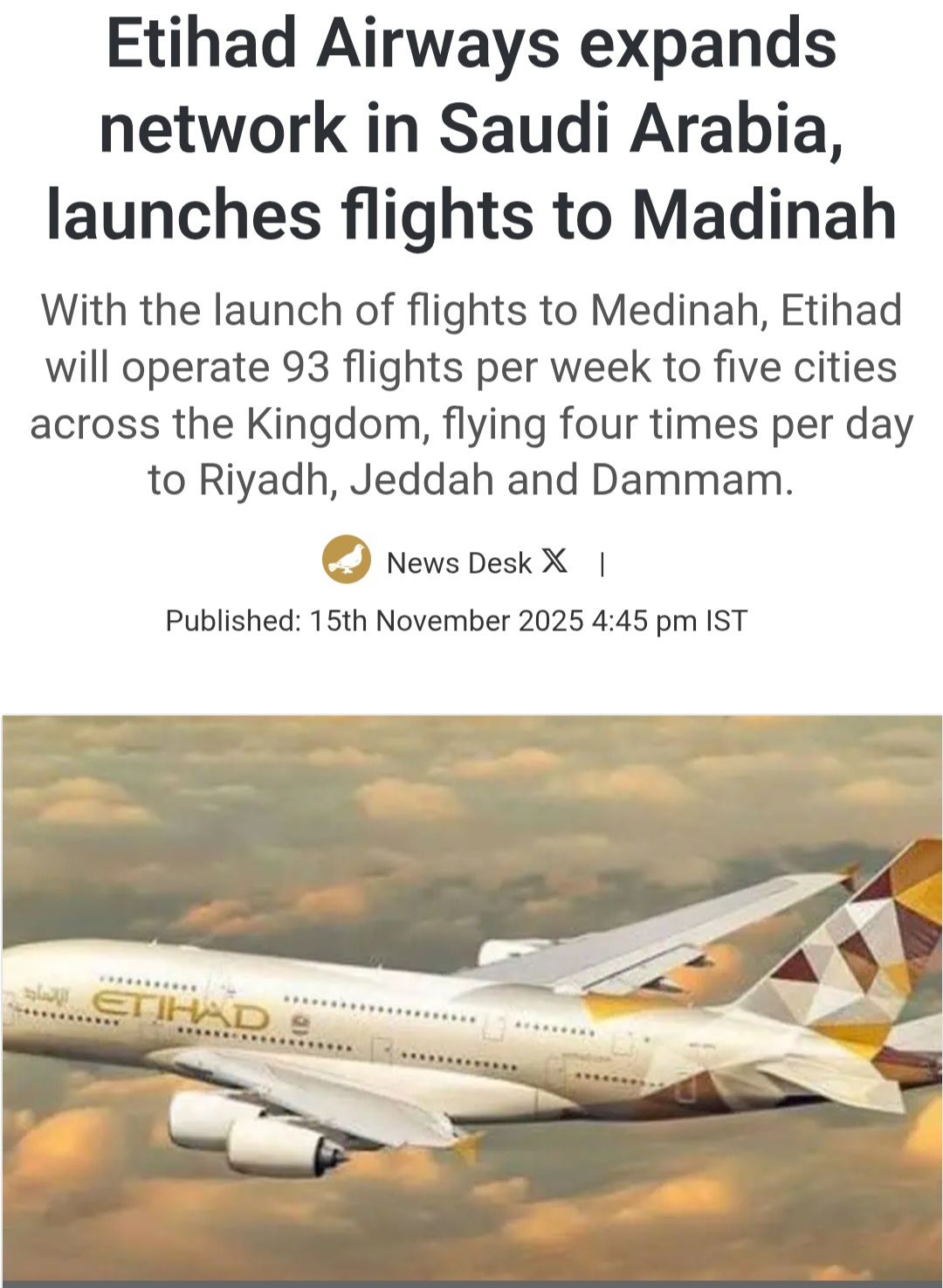 Etihad Airways expands network in Saudi Arabia, launches flights to Madinah