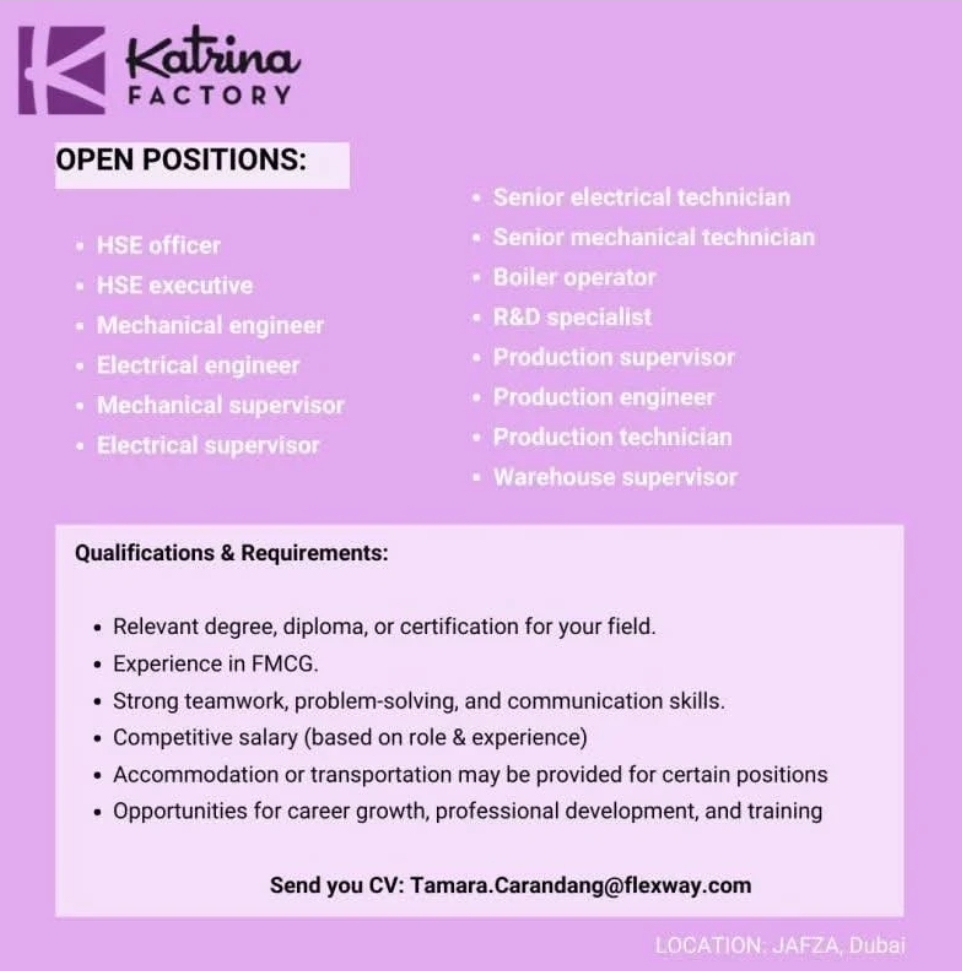 🌟 Exciting Job Opportunities at Katrina Factory – JAFZA, Dubai! 🇦🇪