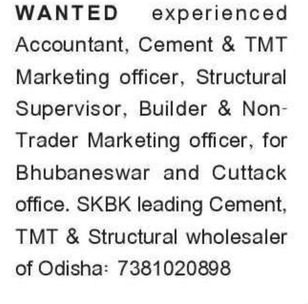 💼 Experienced Staff Required for Cement & TMT Company – Bhubaneswar & Cuttack, Odisha