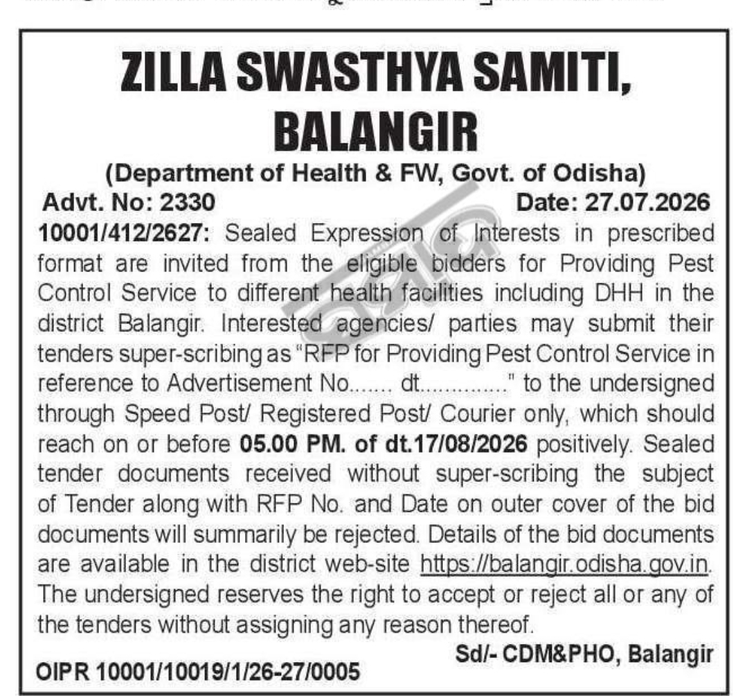 🦟 Expression of Interest (EOI) – Zilla Swasthya Samiti 📍Balangir, Odisha