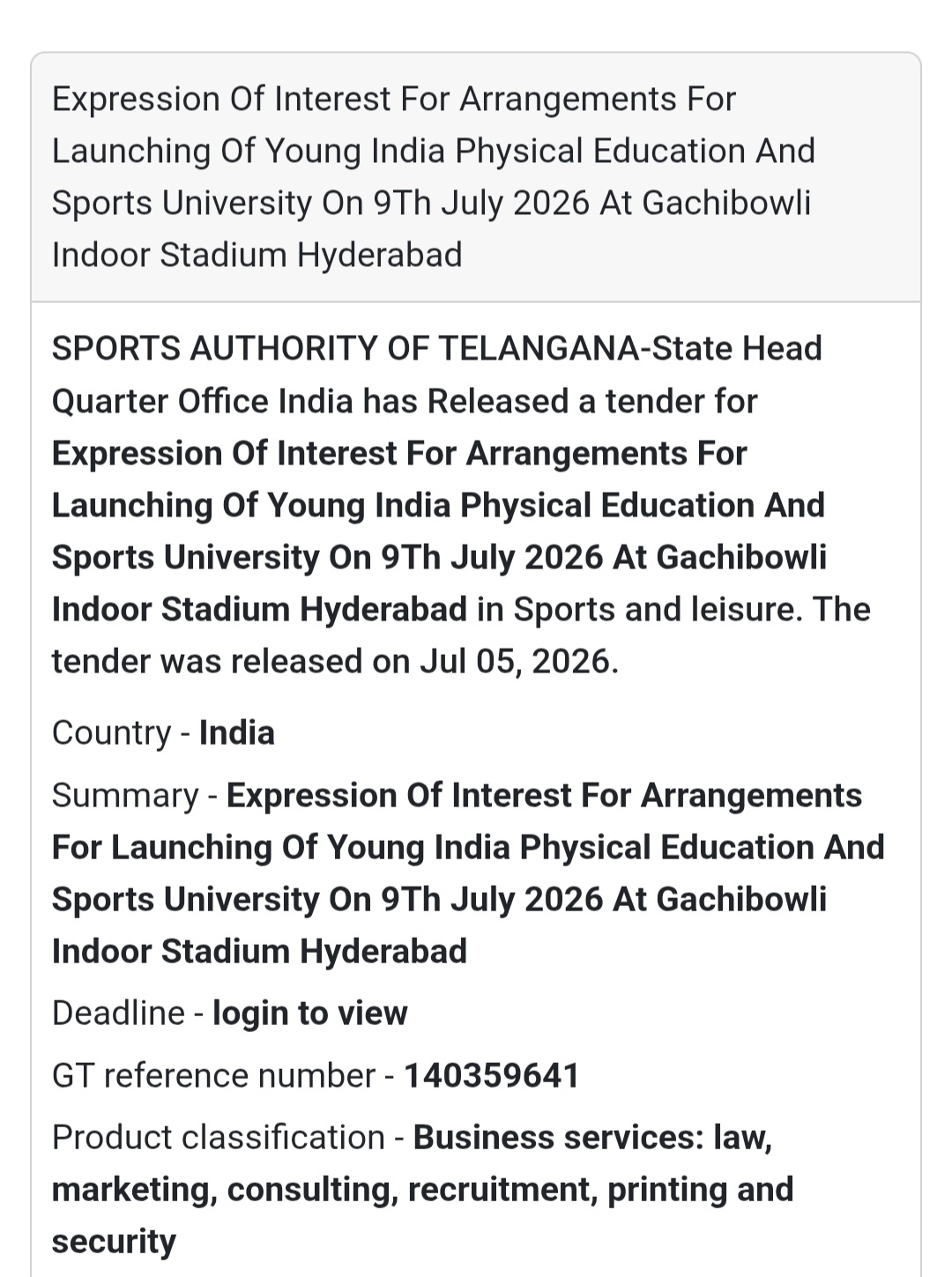 🏟️ Expression of Interest for Launch Arrangements of Young India Physical Education & Sports University – Gachibowli Indoor Stadium, Hyderabad 🎉