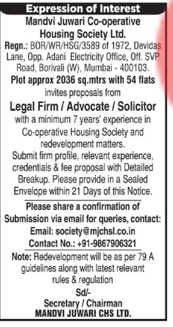 ⚖️ Expression of Interest – Legal Firm / Advocate / Solicitor | 📍Location: Borivali West, Mumbai