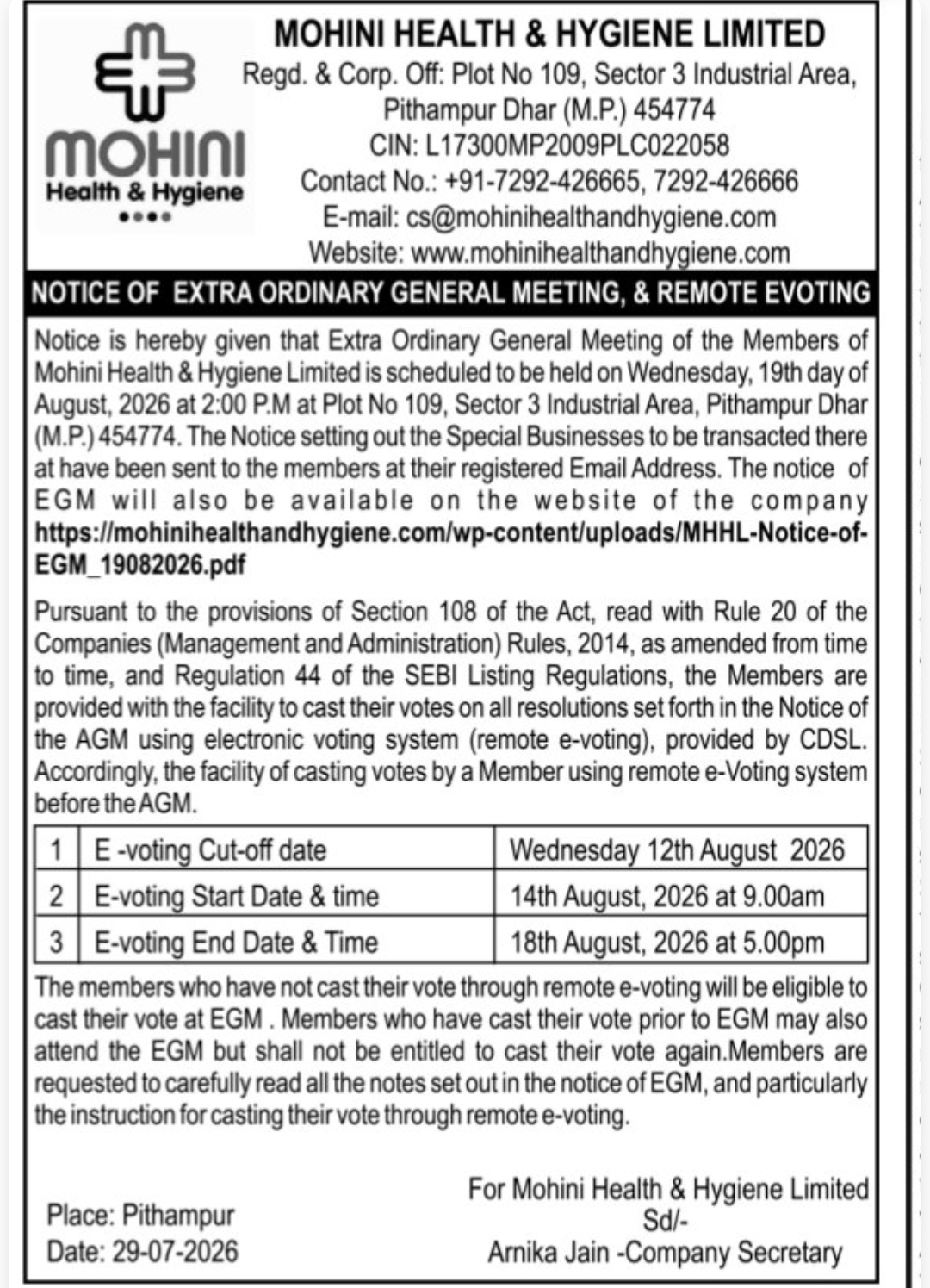 🏢 Extra Ordinary General Meeting & Remote E-Voting Notice – Mohini Health & Hygiene Limited, Pithampur