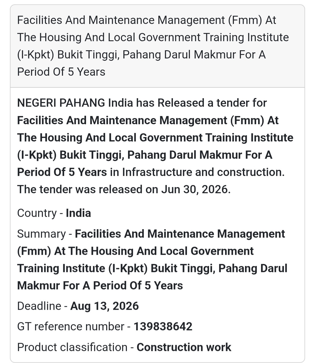🏗️ Facilities & Maintenance Management (FMM) Services Tender – Bukit Tinggi, Pahang, Malaysia