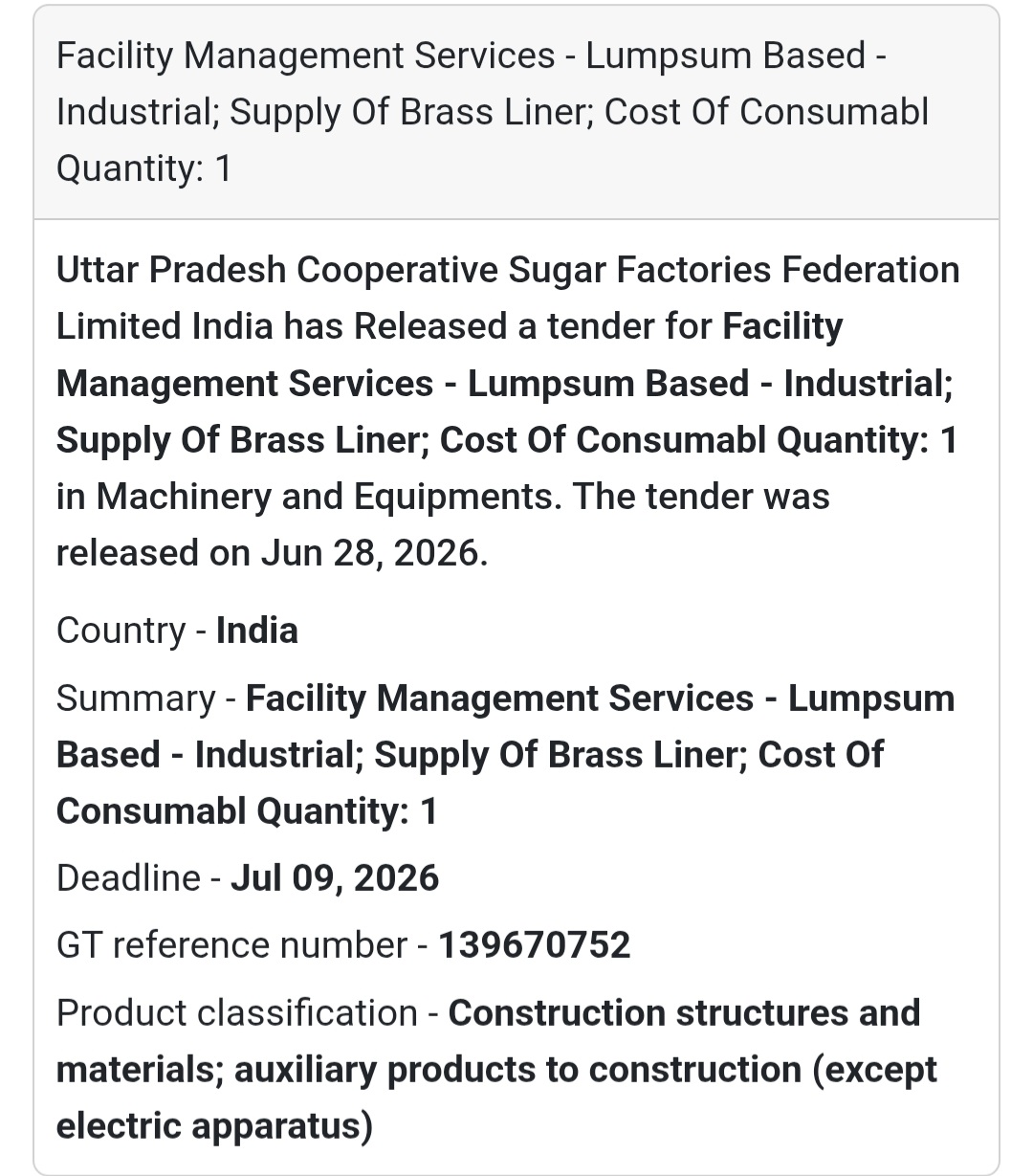 🏭 Facility Management Services – Supply of Brass Liner | India 🇮🇳