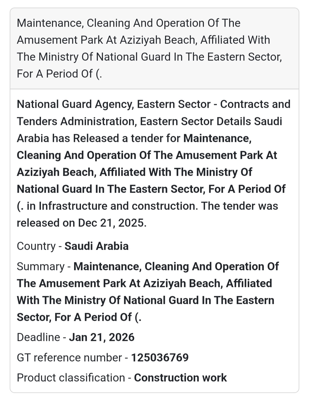 🎡 Facility Management Tender – Saudi Arabia National Guard (Eastern Sector) seeks