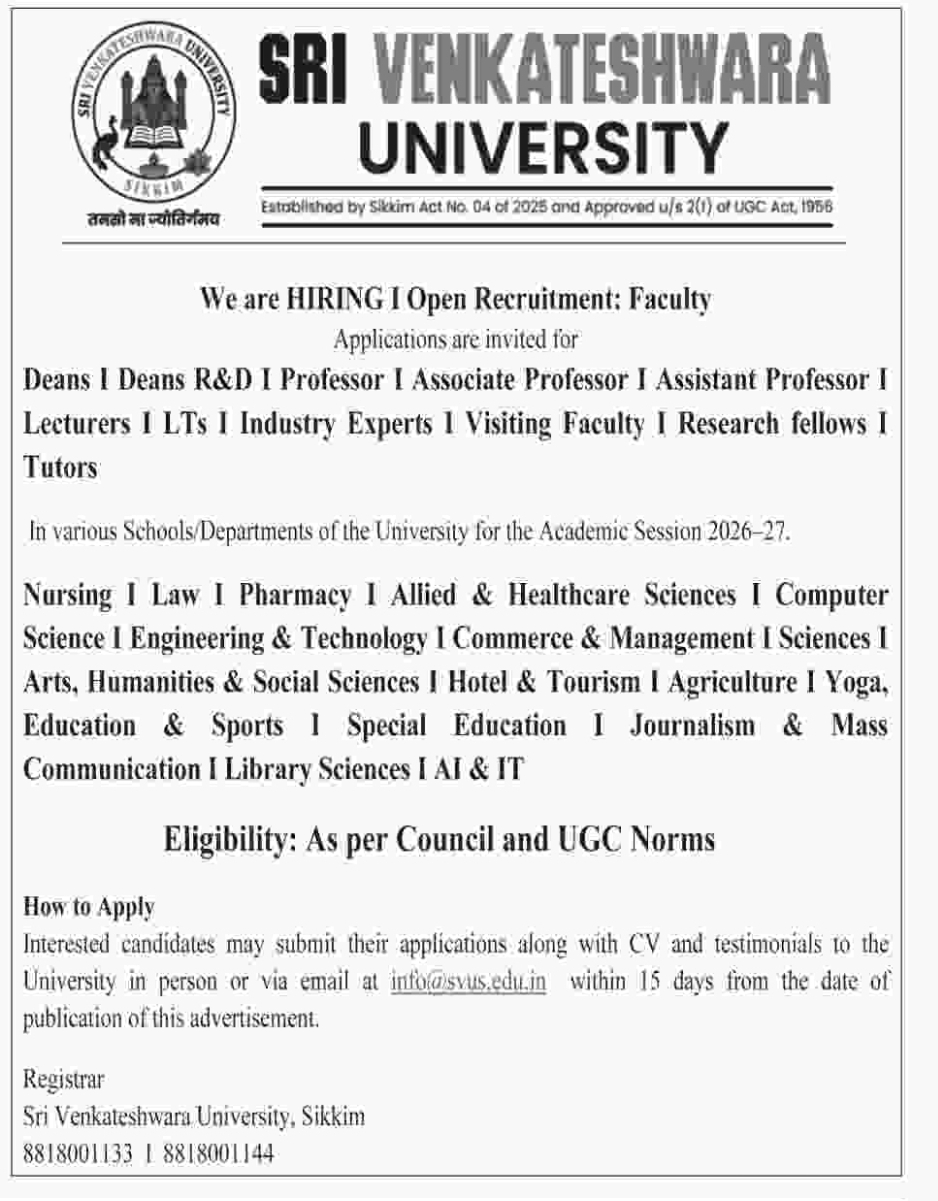 👩‍🏫 Faculty Recruitment at Sri Venkateshwara University, Sikkim 🎓